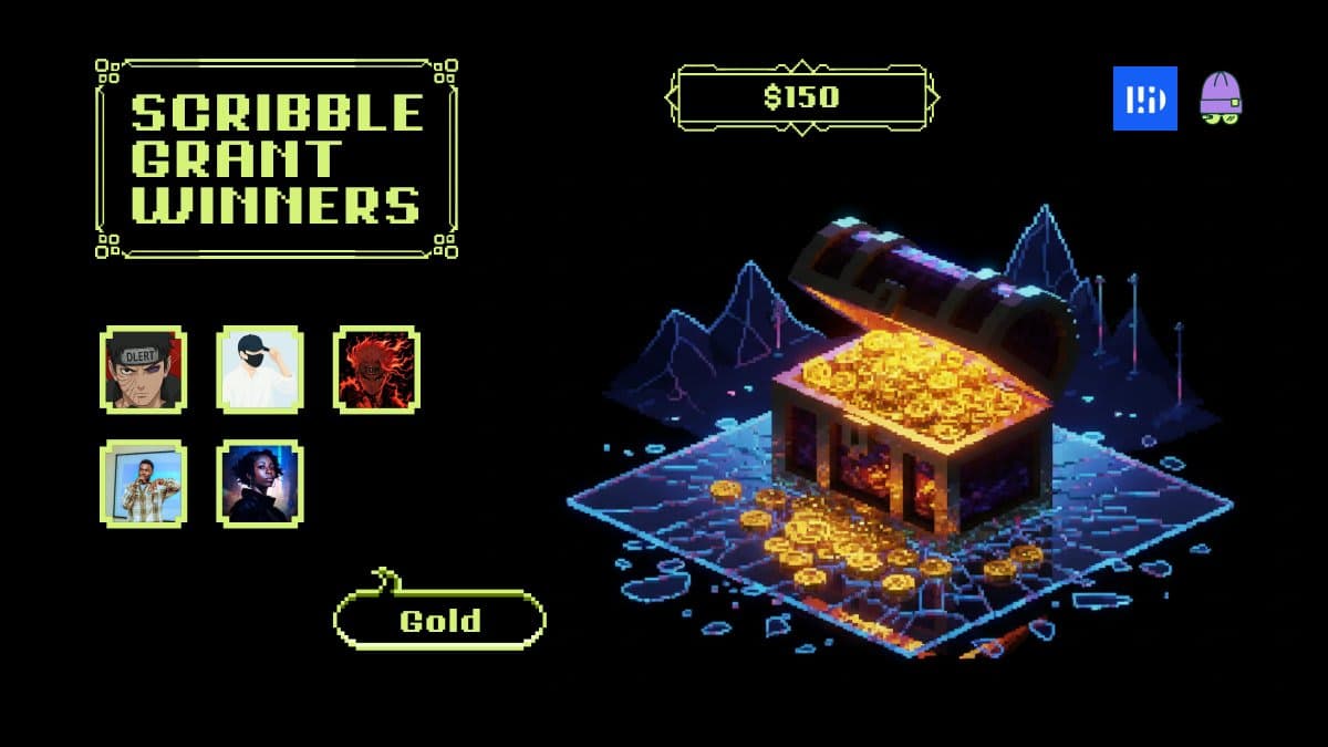 Scribble bounty Gold winners display featuring top creators and a glowing treasure chest symbolizing $150 prize tier