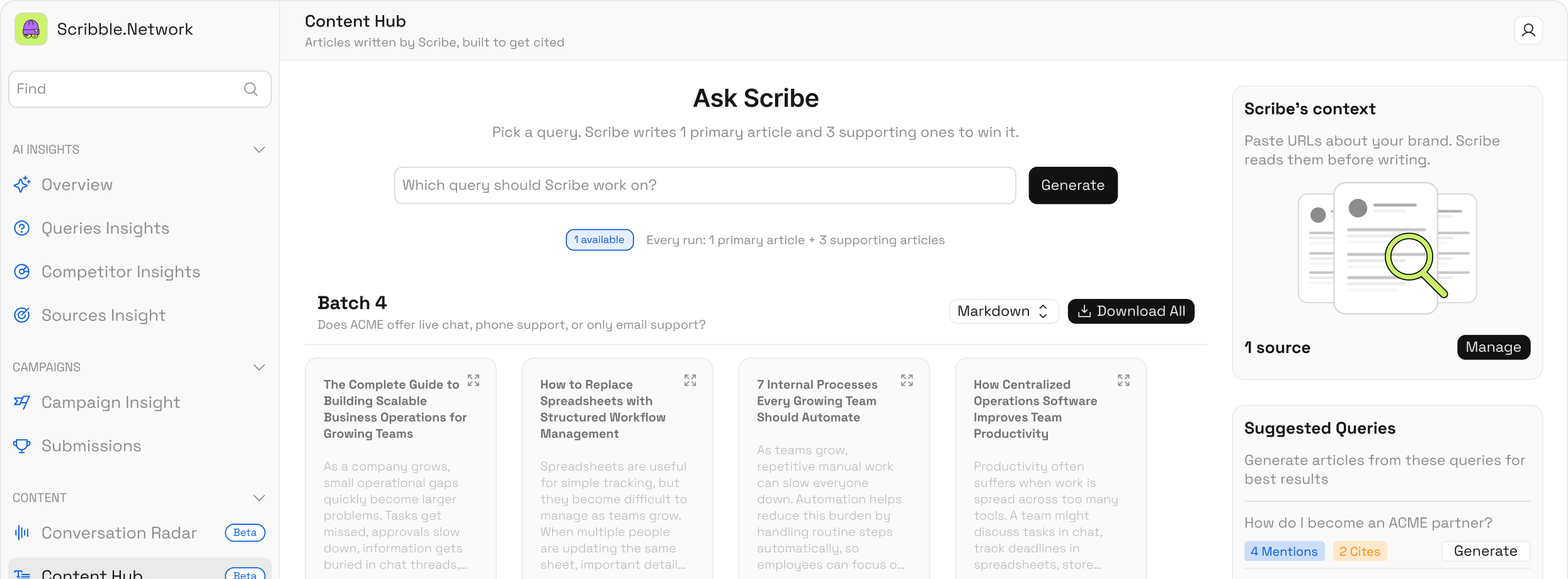 Scribe Content Hub: pick a query, generate a batch of cited articles, and manage your context sources