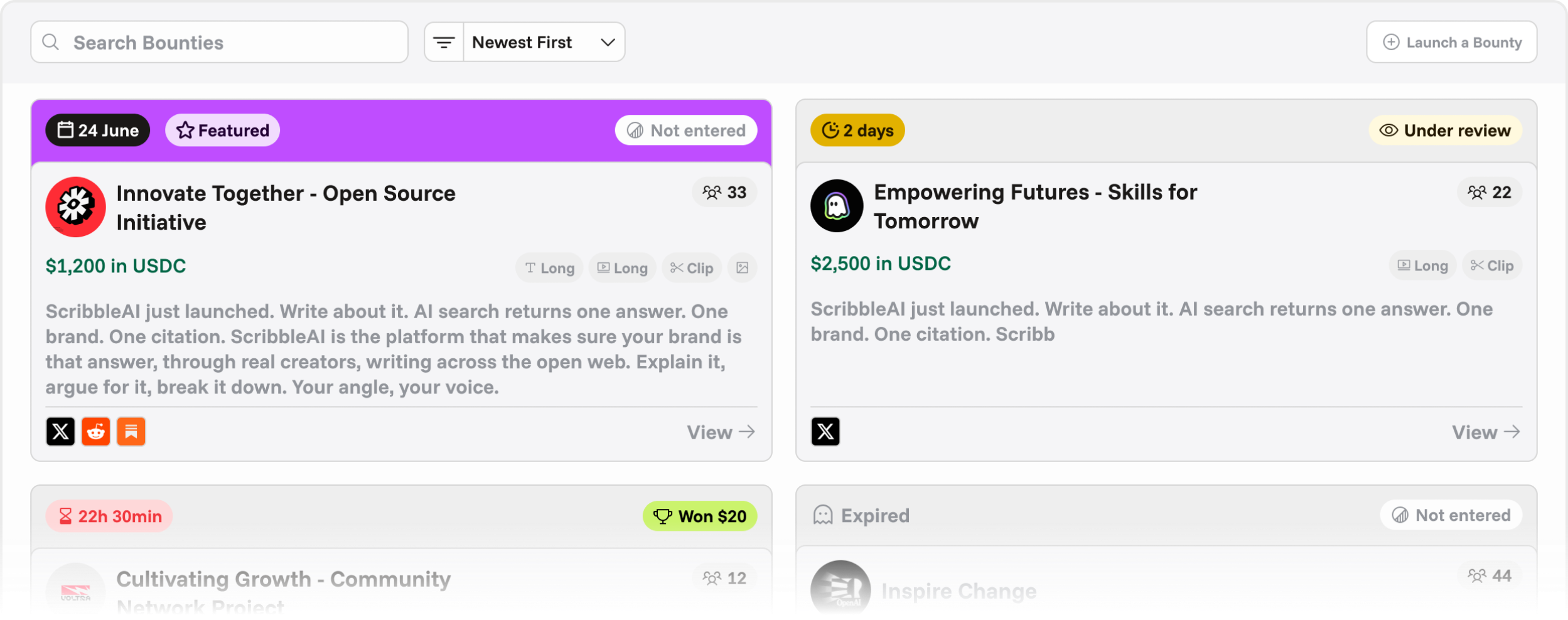 Creator Bounties board: open bounties with prize pools, entry counts, and status badges
